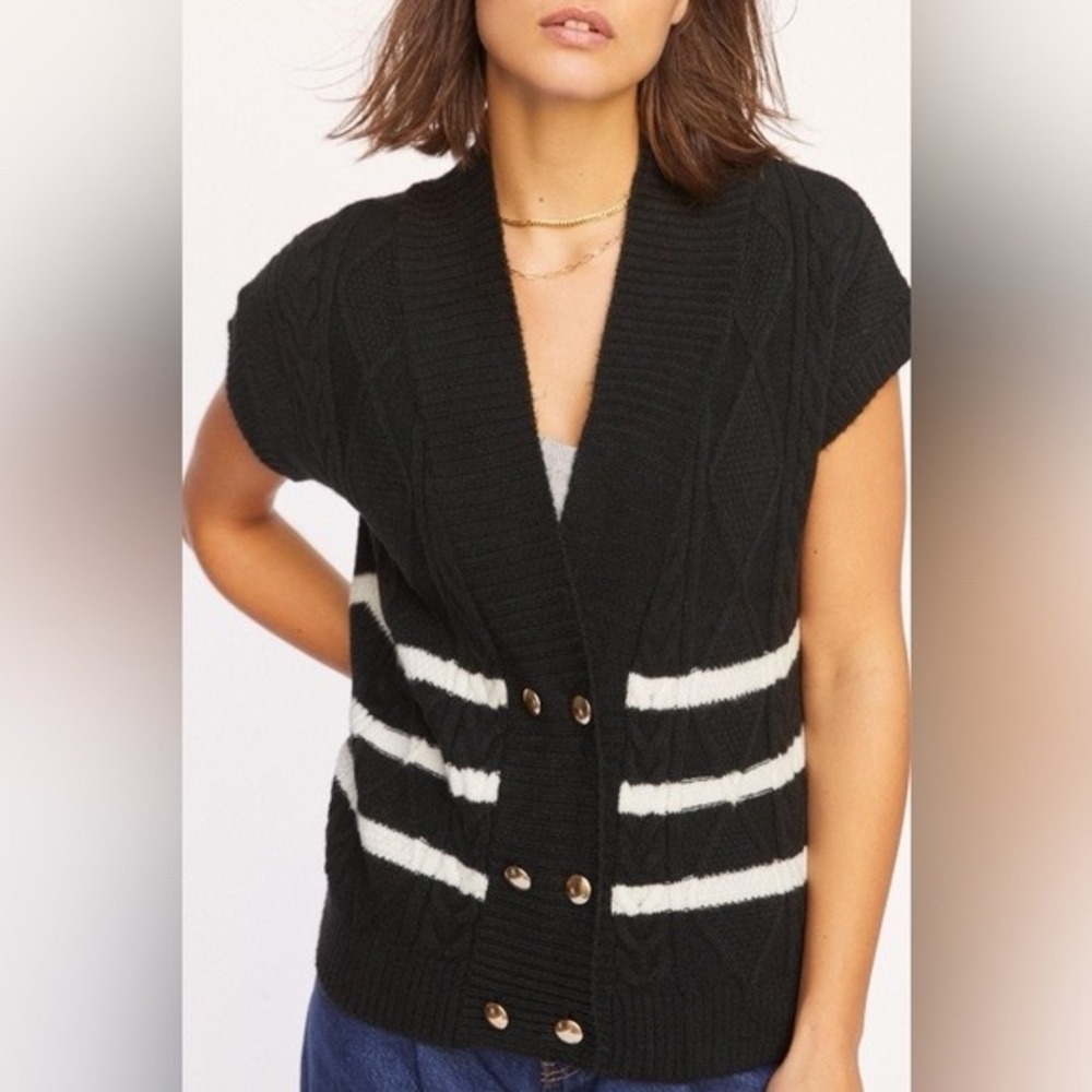 Maeve Anthropologie Striped Cable Knit Sweater Vest Sz S Black White Cardigan